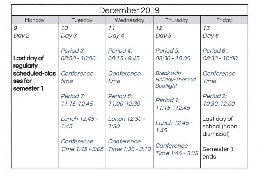 Here is what the schedule for the week of Dec. 9 to 13 looks like. The goal of the schedule was to minimize stress for students and add more time for students to conference with teachers.