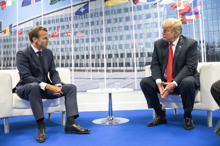 French President Emmanuel Macron and U.S. President Donald Trump converse at the 2018 NATO summit. At this past summit in December, a video went viral that showed world leaders joking about President Trump.  