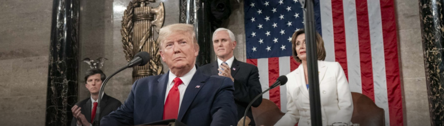 President Donald Trump sits in front of Vice President Mike Pence and Speaker of the House Nancy Pelosi at the State of the Union address Feb. 4. 