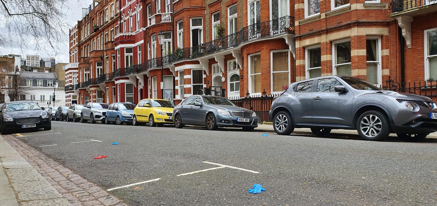 Discarded surgical gloves are littered across London streets. The coronavirus has to be taken seriously in order to prevent the spread of the disease.