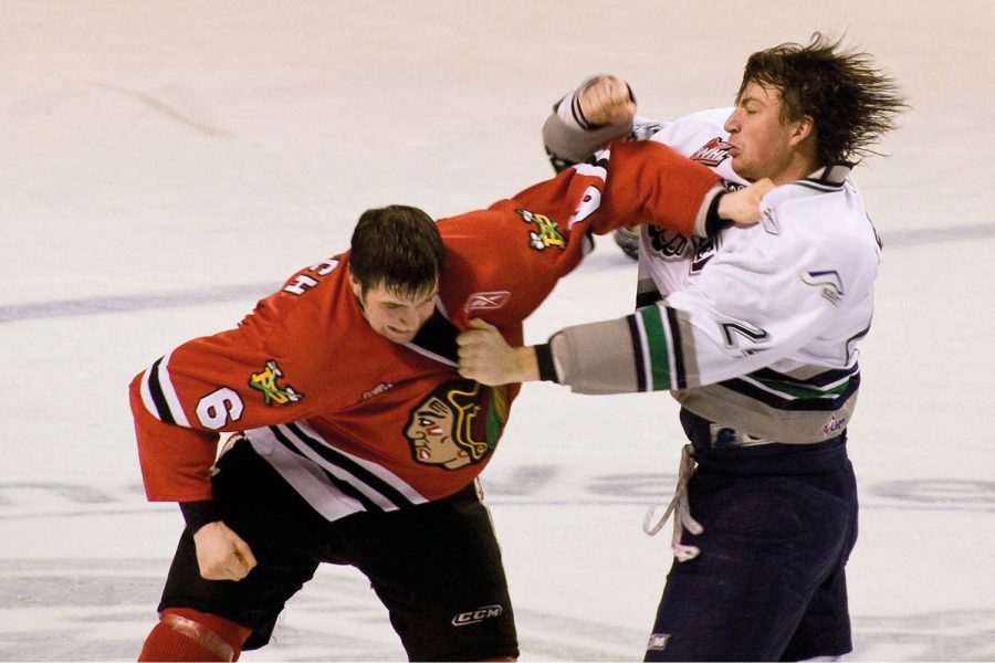 A+fight+in+ice+hockey+in+February+2009%3A+Chicago+Blackhawks+player+Brett+Ponich+vs.+Seattle+Thunderbirds+Devon+Leblanc.+Appreciated+for+its+entertainment+value%2C+fighting+in+ice+hockey+is+also+part+of+the+tactics+of+the+sport.