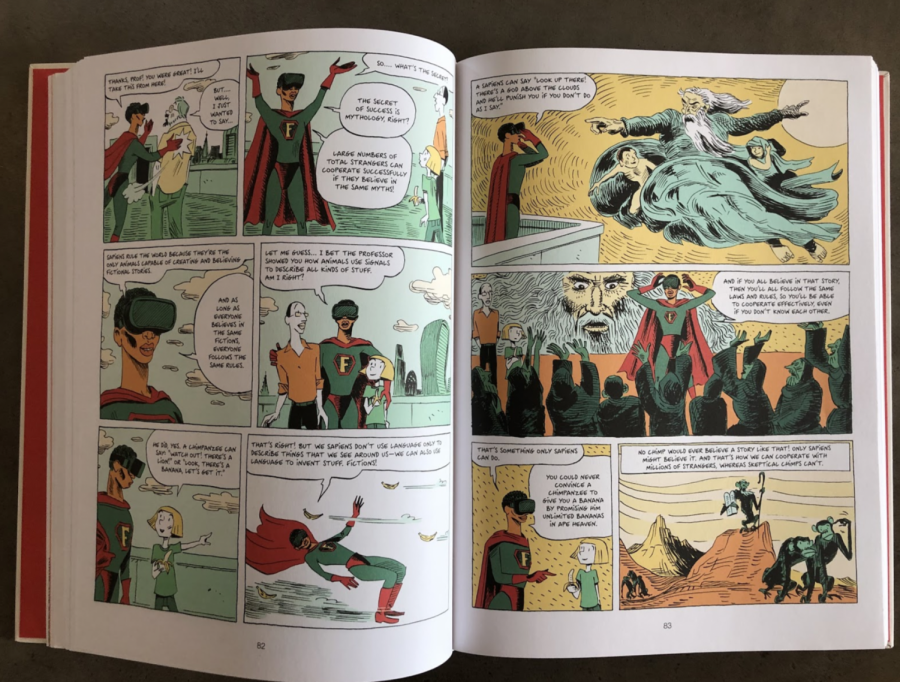 Pages 82-83 of ‘Sapiens A Graphic History’ by Yuval Noah Harari, David Vandermeulen (co-writer) and Daniel Casanave (illustrator).  Using comical dialogue and illustrations, Doctor Fiction explains to Zoe, Hariri’s niece, the theory of the ‘collective myth’ as the foundation of society.