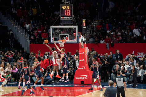 Ex Houston Rockets guard James Harden dunks on Washington Wizards player Davis Bertans. Harden was traded to the Brooklyn Nets this year. The Nets are currently second in the East with a 37-18 record, according to the NBA Website.