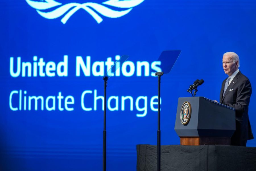U.S. President Joe Biden speaks about the importance of environmental action at the 27th United Nations Climate Change Conference Nov. 11. The annual conference took place in Sharm el-Sheikh, Egypt, where global leaders came together to debate an environmental plan of action Nov. 6-20.