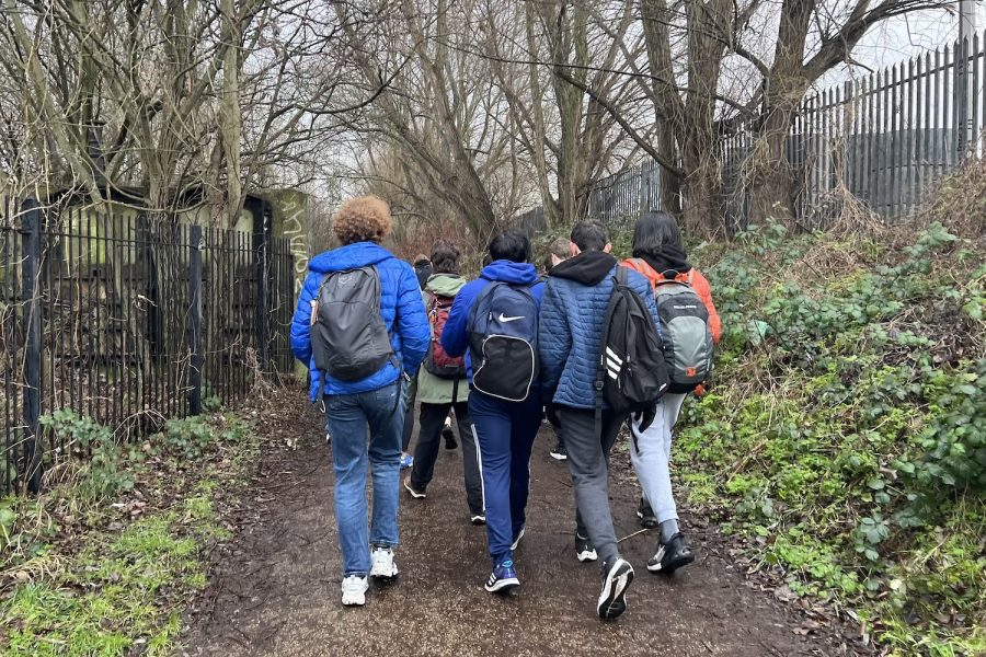 Students in the “A Walking Adventure” alternative hike through the Walthamstow Wetlands and Marshes Jan. 26. This outing served as practice for their trip in the spring where they will walk the Camino de Santiago. 