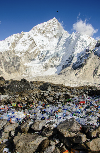 Plastic waste pollutes mountains in the Himalayas.