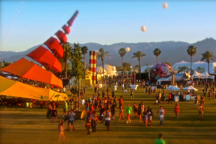 Festival attendees gather  between performances. Coachella took place over two weekends from April 14-23 in Indio, California. 