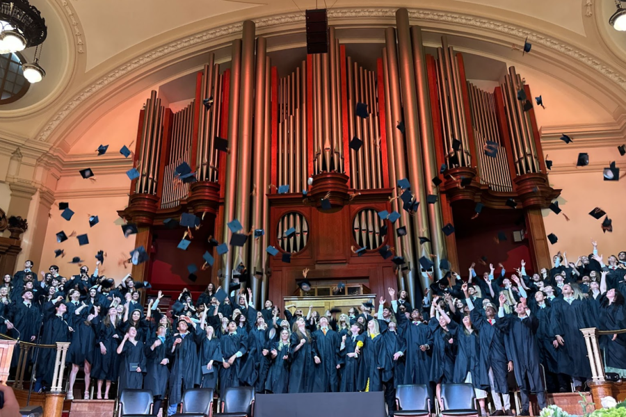 Members of the Class of 2023 throw their caps into the air after receiving their diplomas at the graduation ceremony June 10. The ceremony featured speeches by Amaryllis Fox (’98), Co-Salutatorian Willa Blair (’23) and Co-Valedictorian Campbell Lazar (’23), as well as performances by the High School Concert Choir and Senior String Ensemble. 