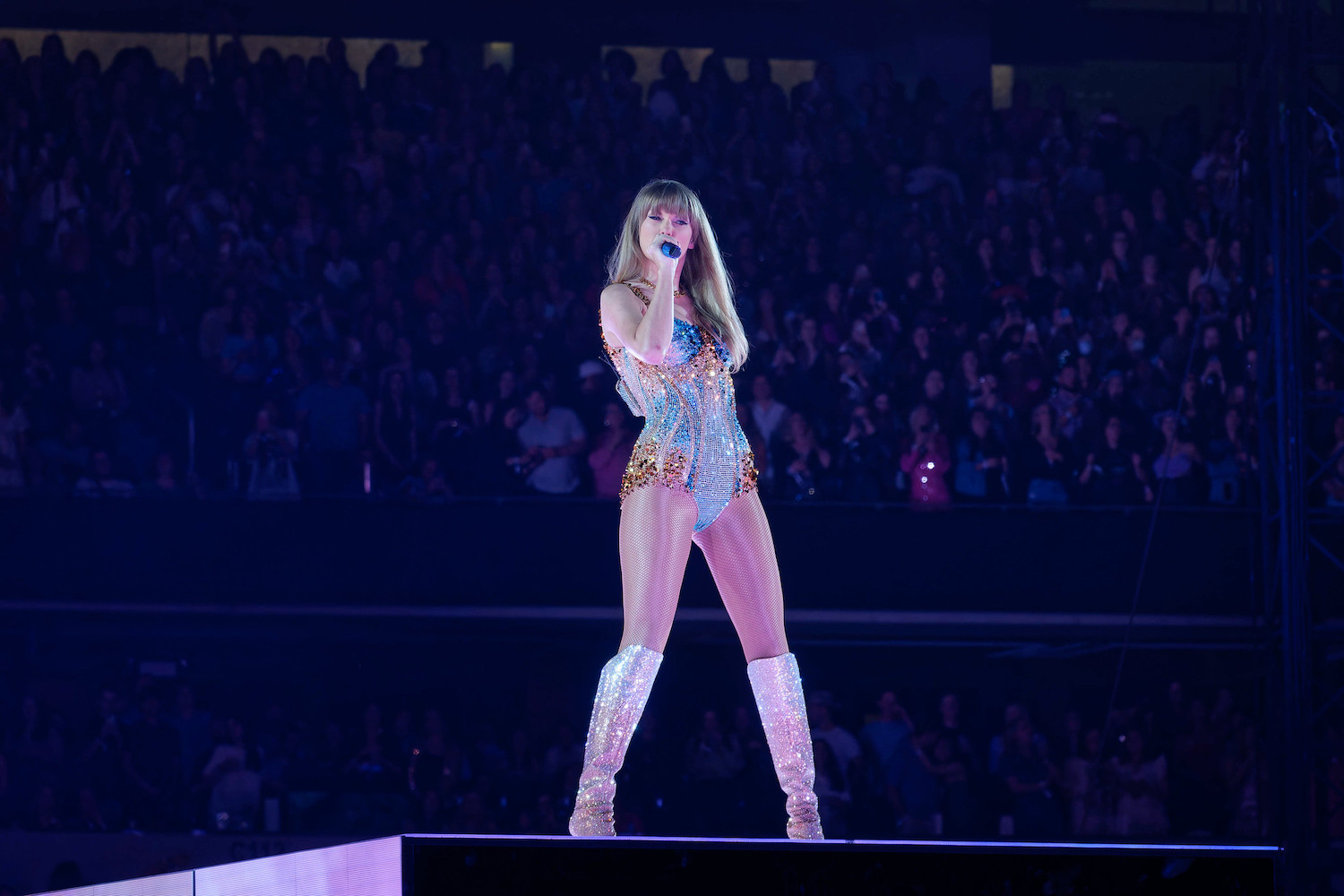 Taylor Swift performs at her widely anticipated “Eras Tour” on March 2, 2023 in Arlington, Texas. The “Eras Tour” broke the record for the highest attended female act of all time.