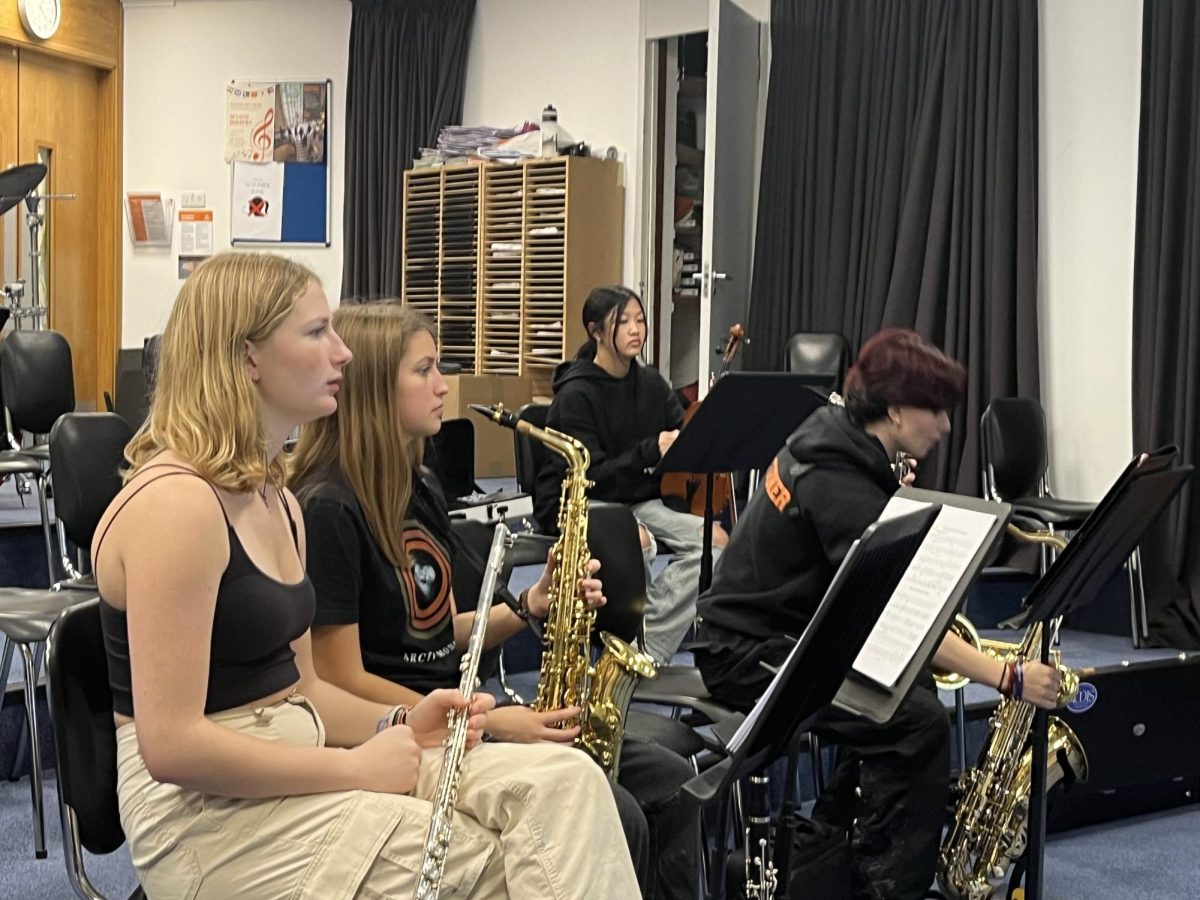 The pit band rehearses the big musical numbers in the first act of “Anything Goes” in MPR2 Oct. 20. The band was preparing for the “sitzprobe” Oct. 25 where they will play with the singers for the first time.