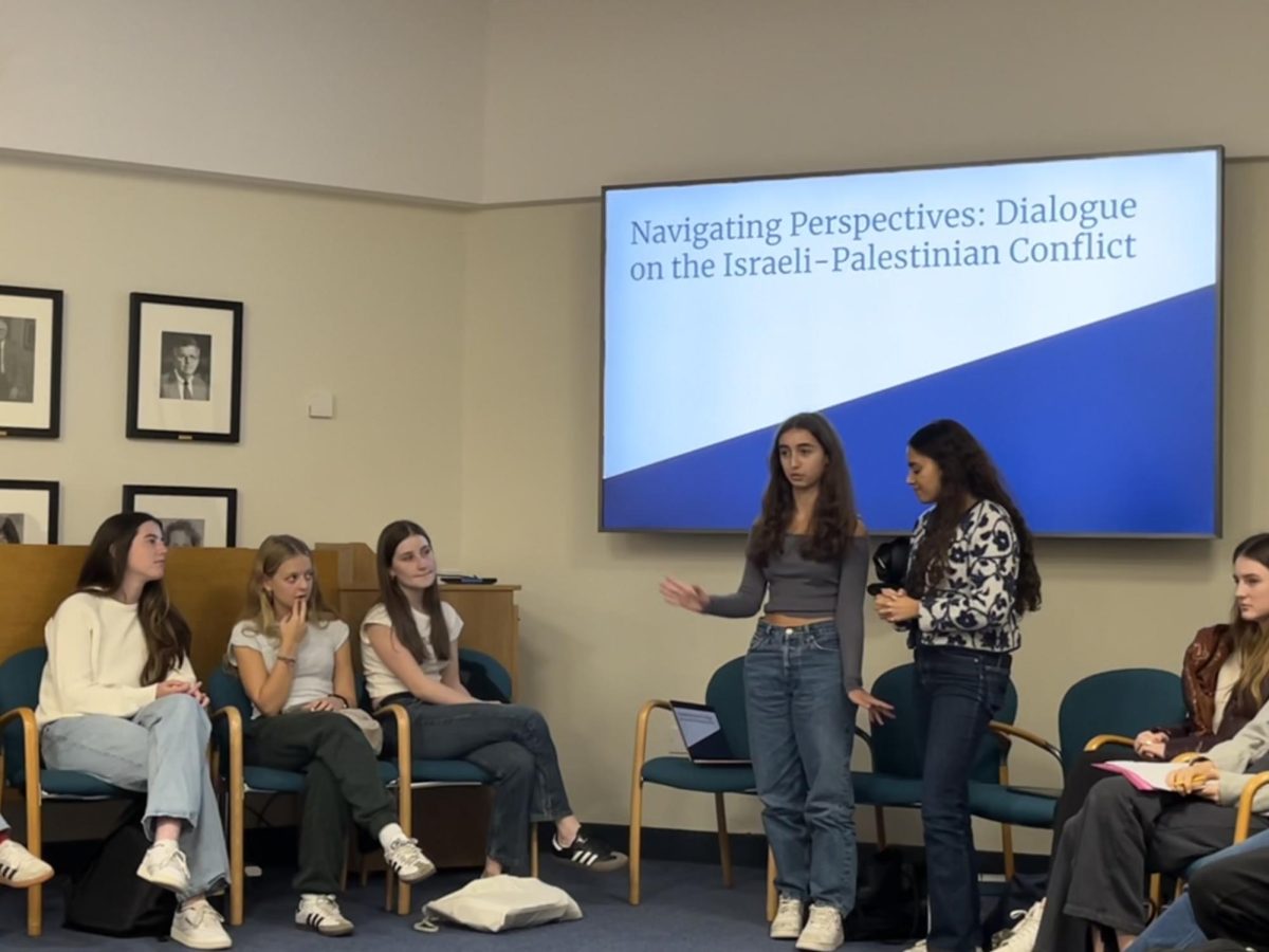 Social Justice Council Co-Presidents Jemma Granite (’25) and Rudi Chamria (’24) facilitate dialogue on the conflict between Israel and Palestine Oct. 12 after school in the Boardroom. Faculty, staff and High School students were invited to attend.
