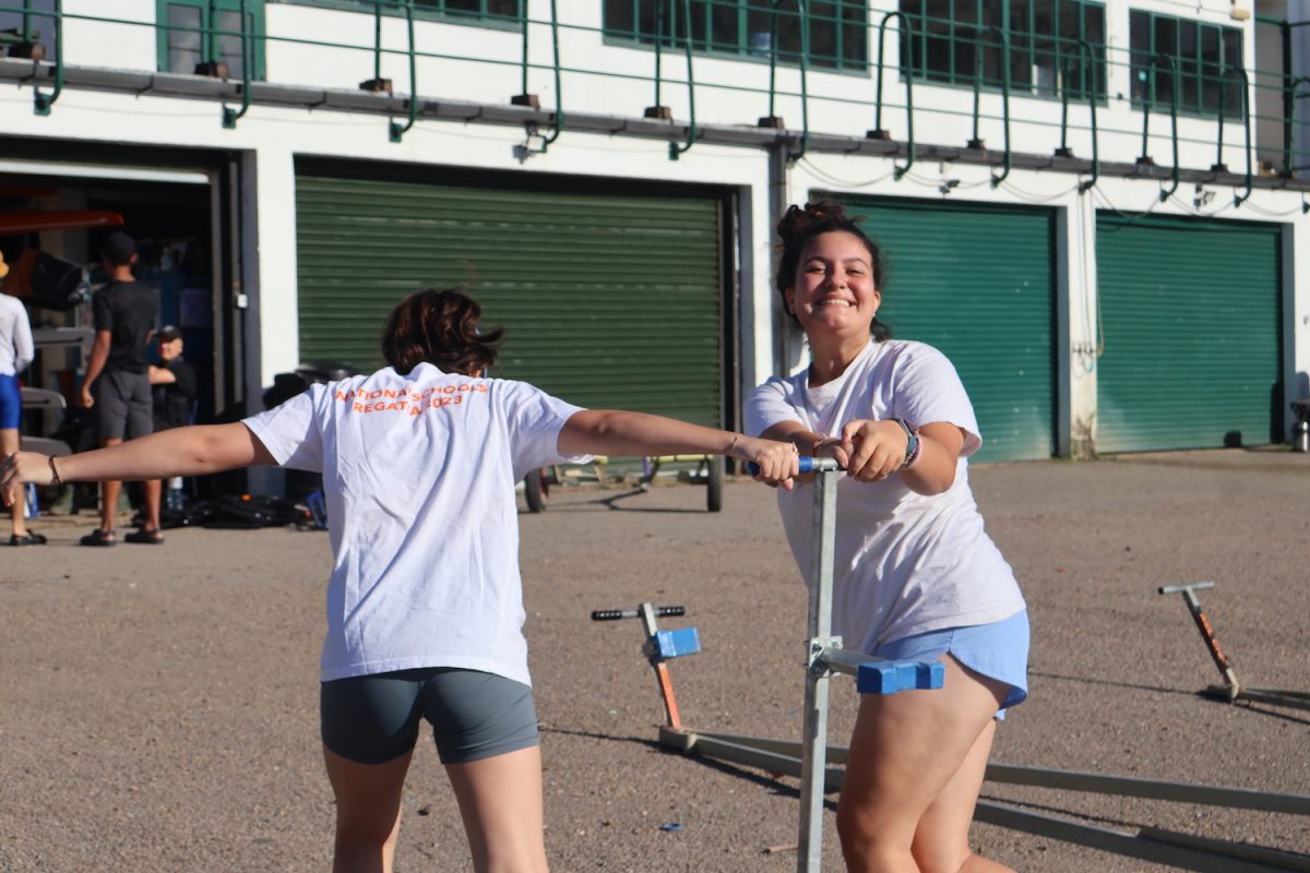 Hana Abdelmohsen Mohamed (’26) helps pull up a boat trailer at the University of London Boat Club Sept. 18. The rowers completed set-up activities before they went out to the water.